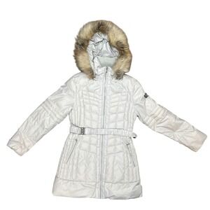 Guess Womens Puffer Parka Jacket Pale Gray Down Fill Belted Faux Fur Hood Medium